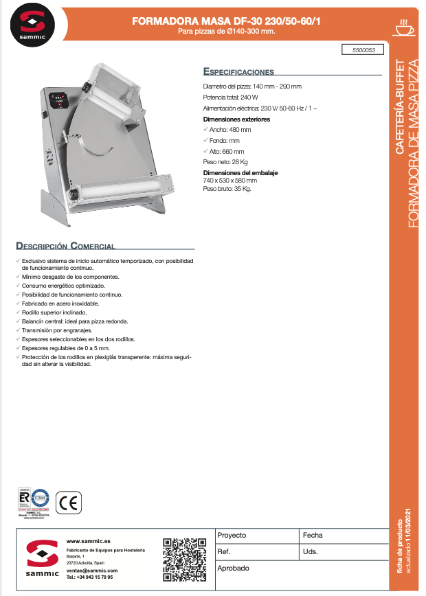 Imagen de Máquina formadora base de pizza Sammic DF-30
