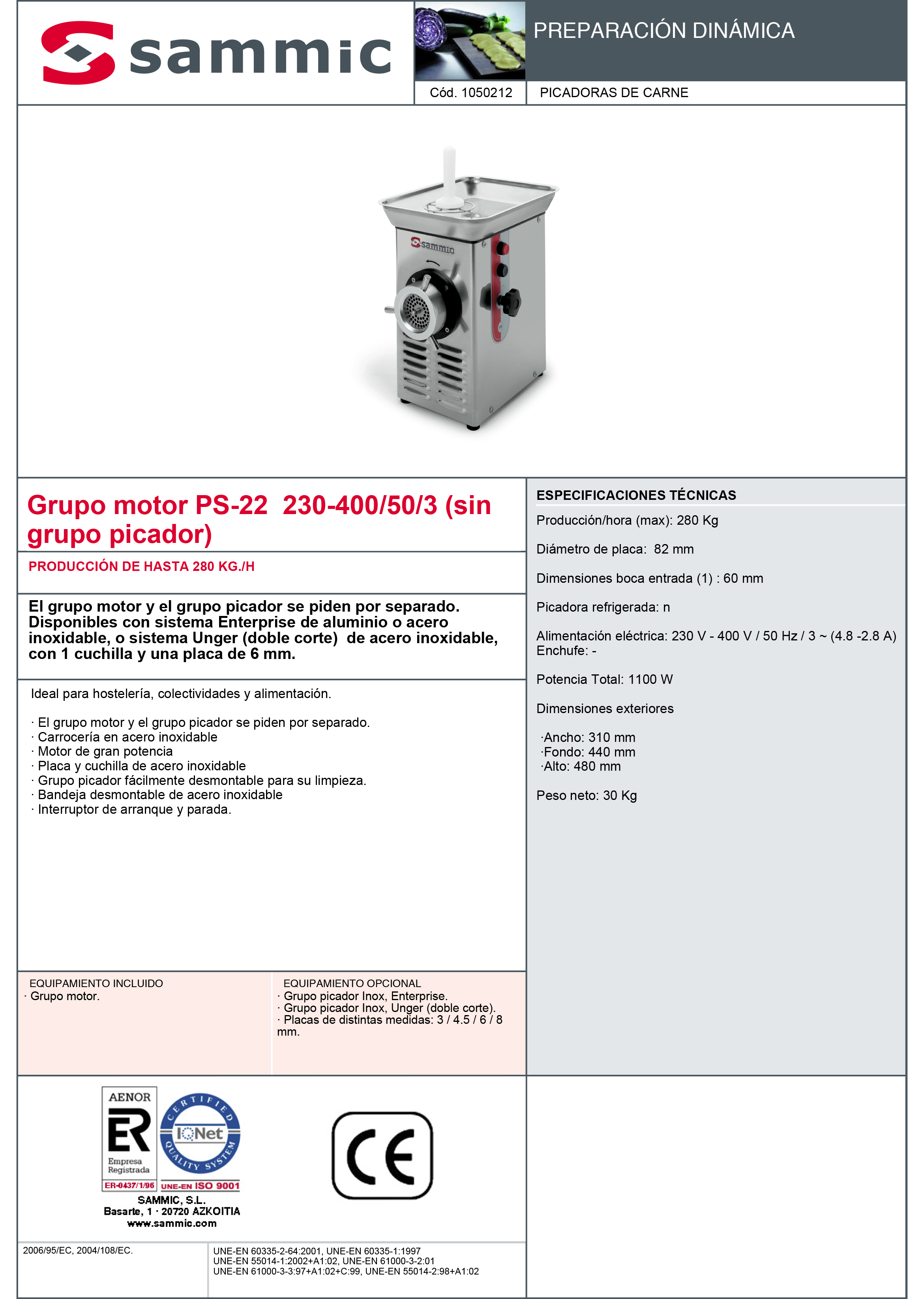 Imagen de Picadora de carne Sammic PS-22 trifásica