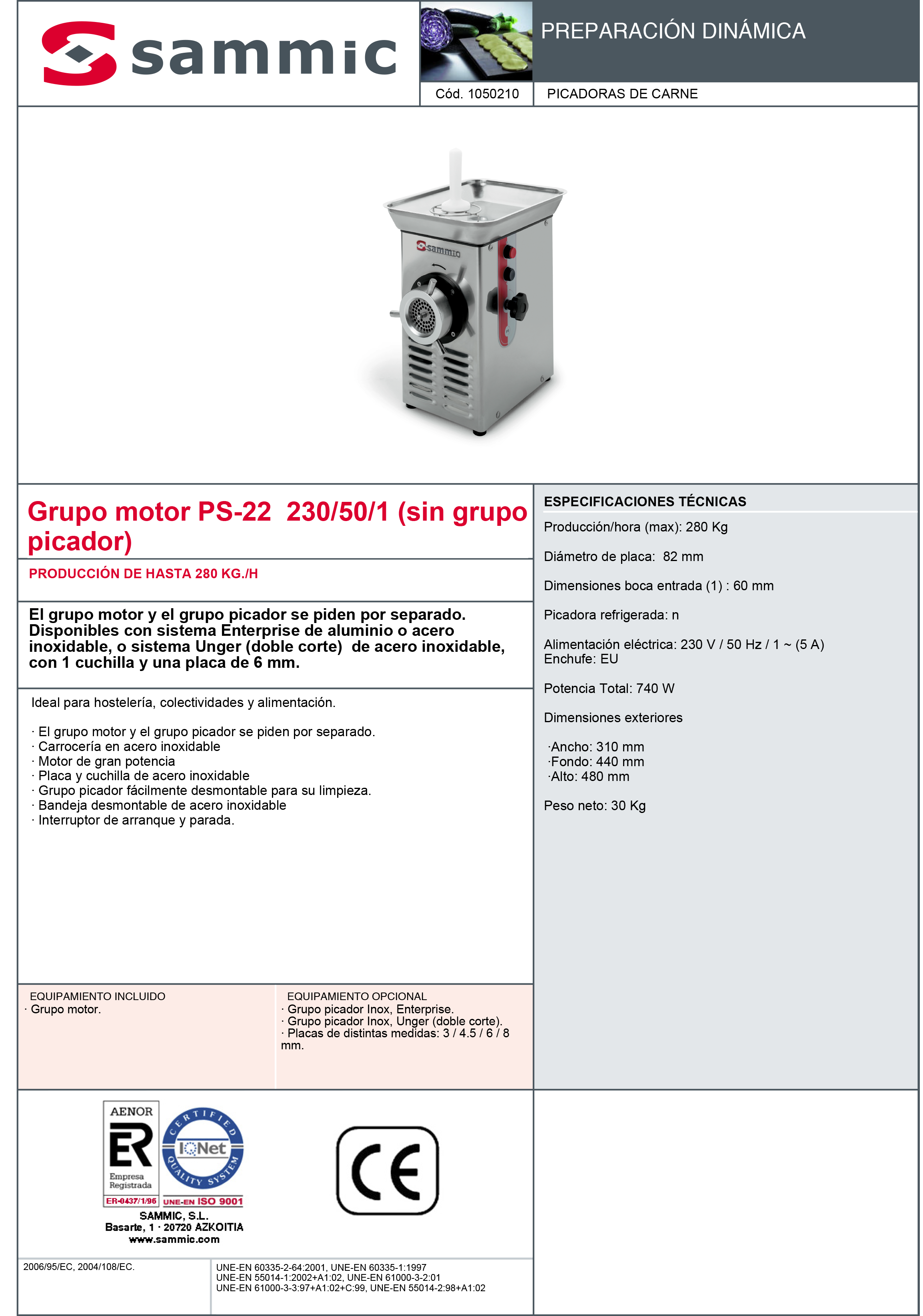 Imagen de Picadora de carne Sammic PS-22 doble corte