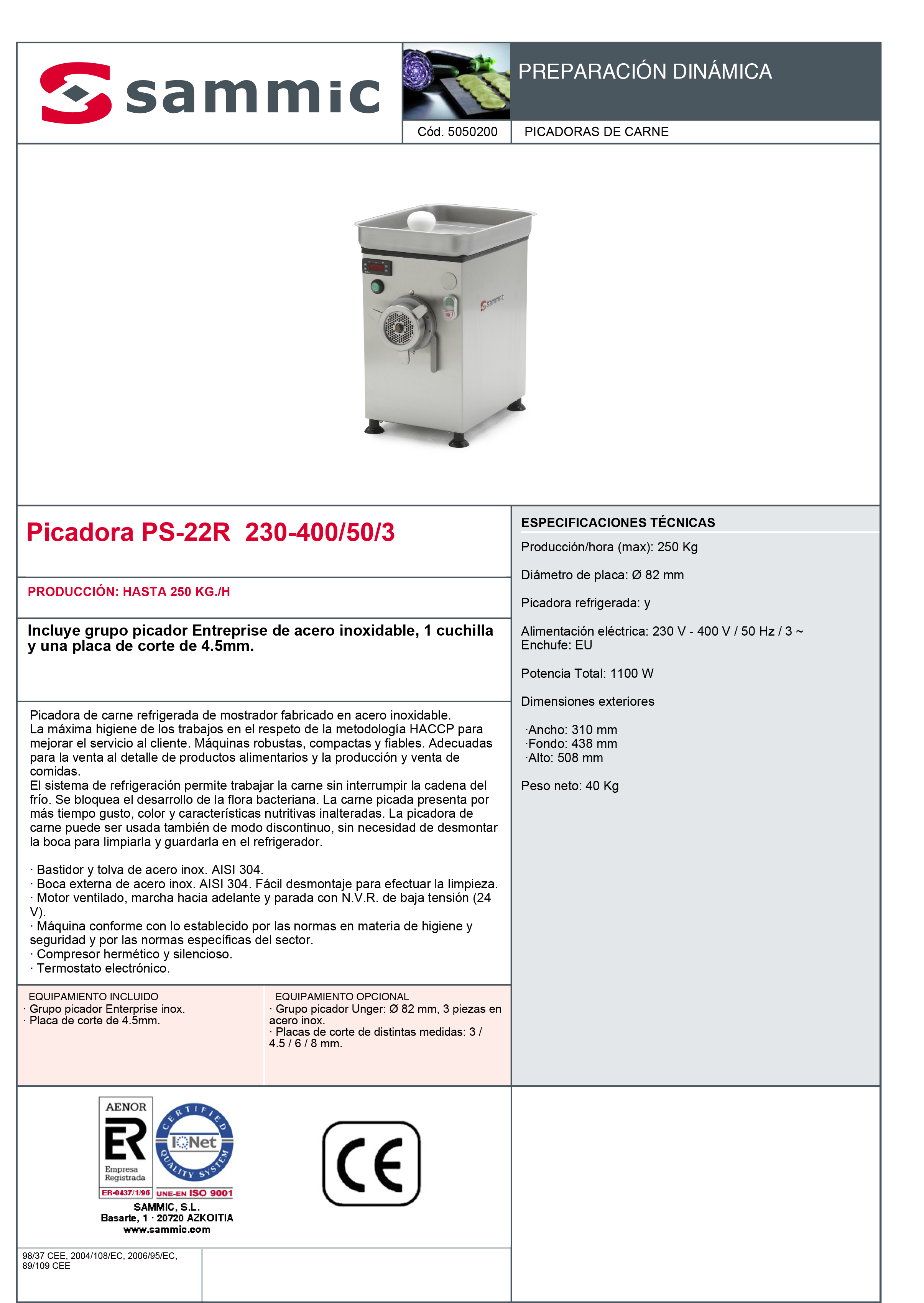 Imagen de Picadora de carne refrigerada PS-22R trifásica